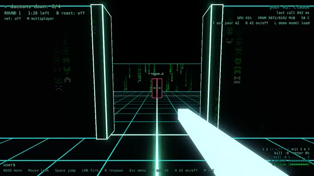 In-game capture: a red-outlined rogue.d daemon standing between glowing neon pillars on a teal light grid, with green code rain on the far wall.