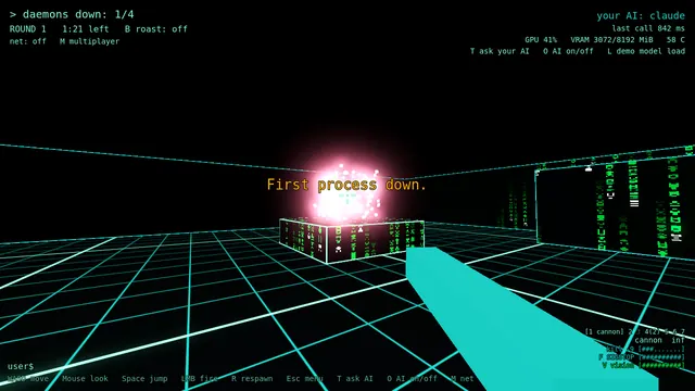 In-game capture: the terminal cannon fires and a daemon bursts into light, with the banner First process down.