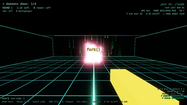 In-game capture: the fork() shotgun fires a burst of pellets and shows its label on screen.