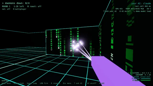 In-game capture: the SIGTERM shotgun fires a spread of violet pellets against a code-rain wall.