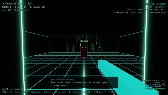 In-game capture: the AI guide panel near the bottom of the screen showing a canned demo mode message.
